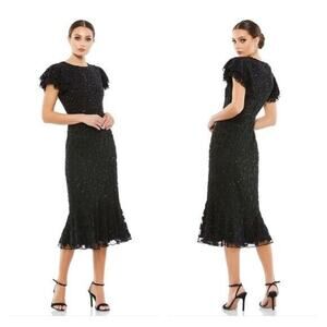 NWT Mac Duggal 10771 Hand Beaded Flounce Sleeve Midi Dress Black
